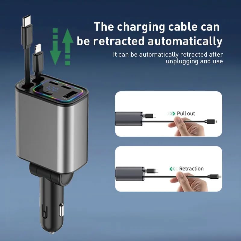 Retractable Car Charger, 120W 5 in 1 Super Fast Charge Car Phone Charger