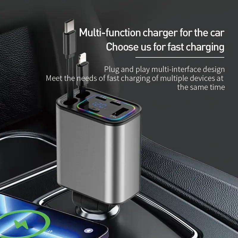Retractable Car Charger, 120W 5 in 1 Super Fast Charge Car Phone Charger